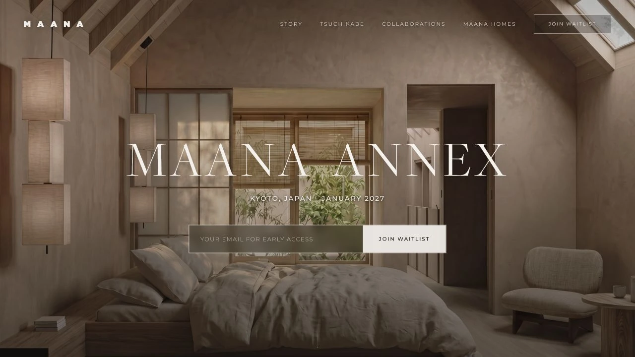 The MAANA Annex launch website, with opening date and an email-first waitlist form on the opening screen