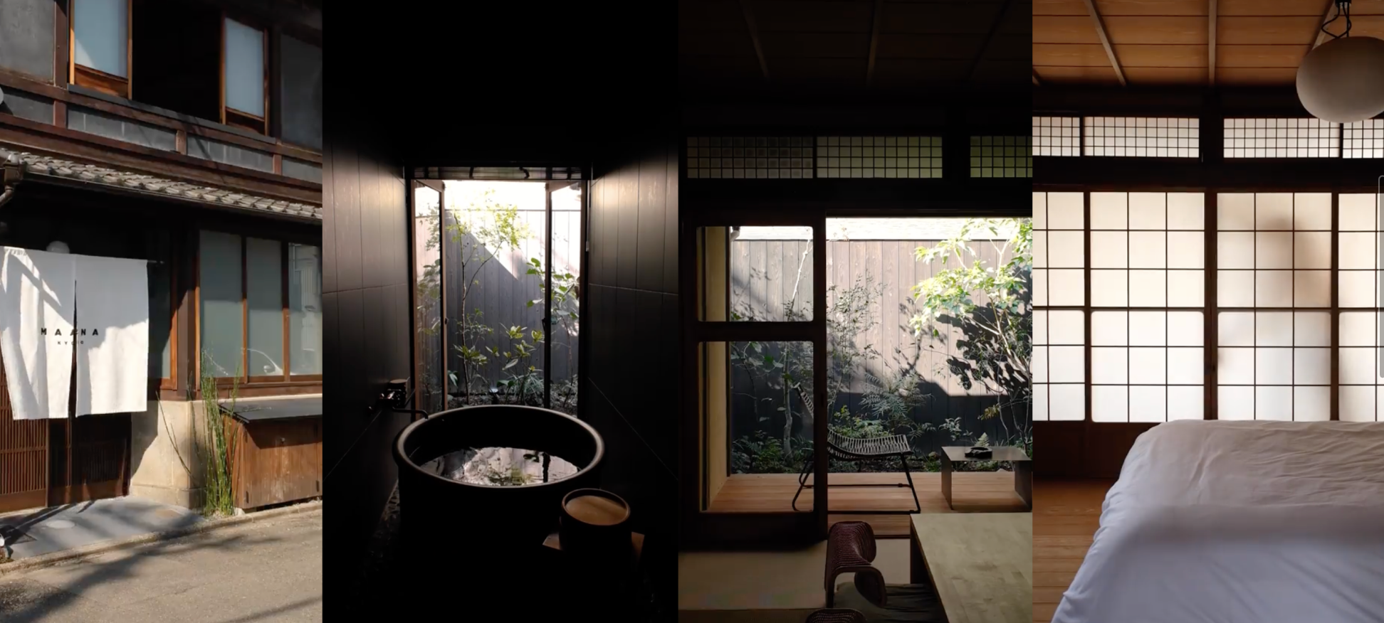 MAANA Kyoto: a machiya exterior, a quiet tea setting, a garden view and a sunlit room