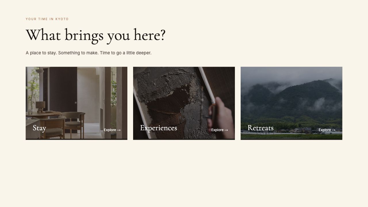 Redesign with a visit-intent heading and equally prominent Stay, Experiences and Retreats choices
