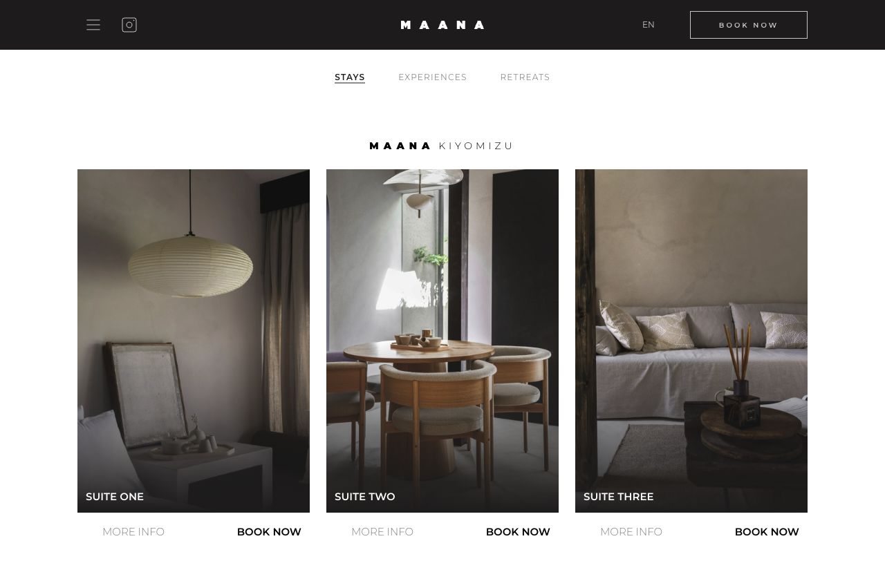 Current MAANA Book Now page with small Stays, Experiences and Retreats links above three large Kiyomizu suite cards