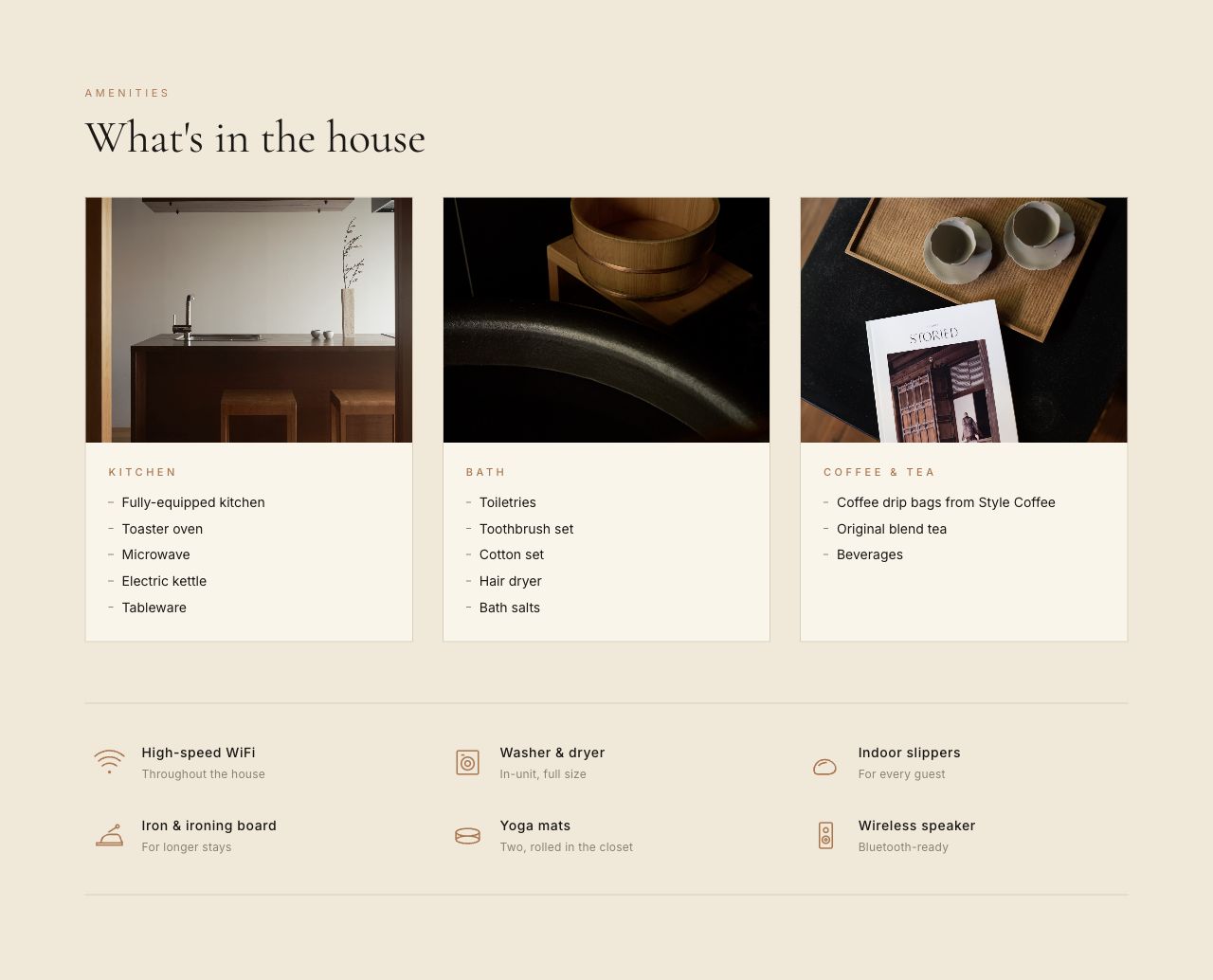 Complete redesigned amenities section with kitchen, bath, coffee and tea groupings plus labelled icons for six essentials