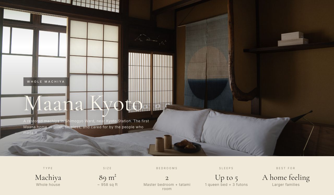 Redesigned Kyoto hero and complete quick-look row with whole-house type, size, bedrooms, capacity and larger-family positioning