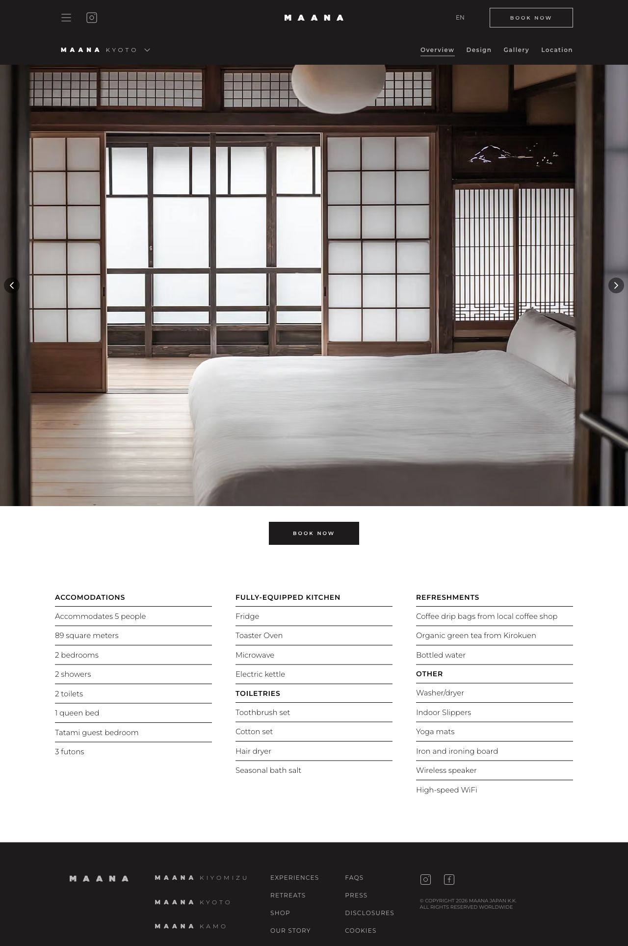 Full current Kyoto overview showing a large photo carousel, Book Now and dense accommodation and amenity lists