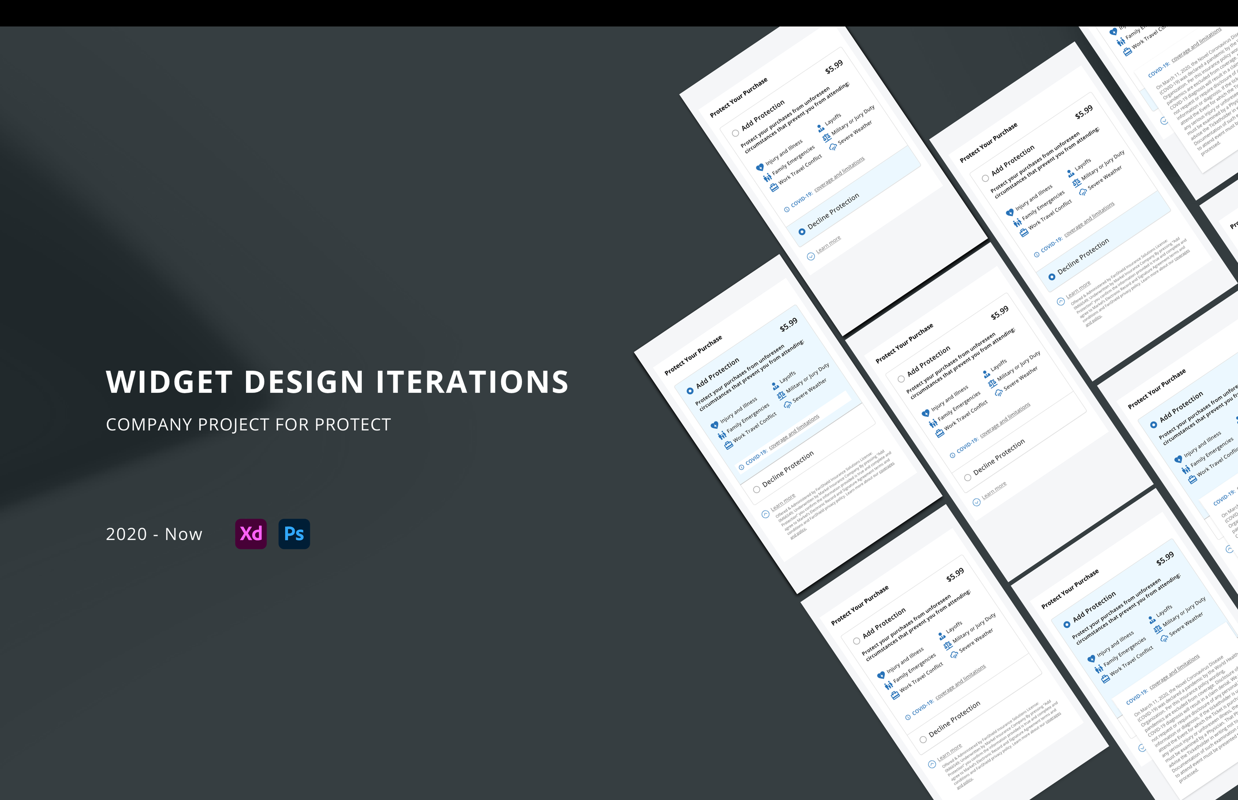Complete original Protecht widget design presentation cover, with title, project dates and interface iterations