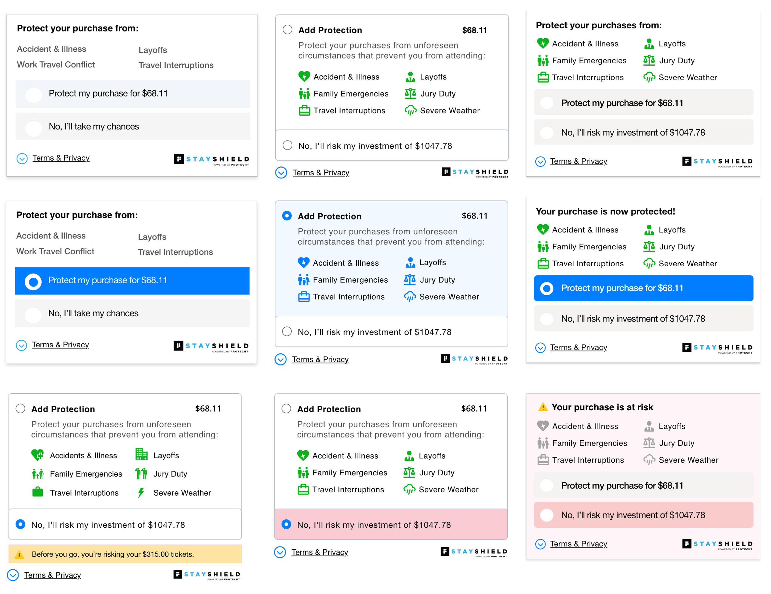 Nine Hotelplanner widget variations showing opt-in and decline states, icons, emphasis and supporting information