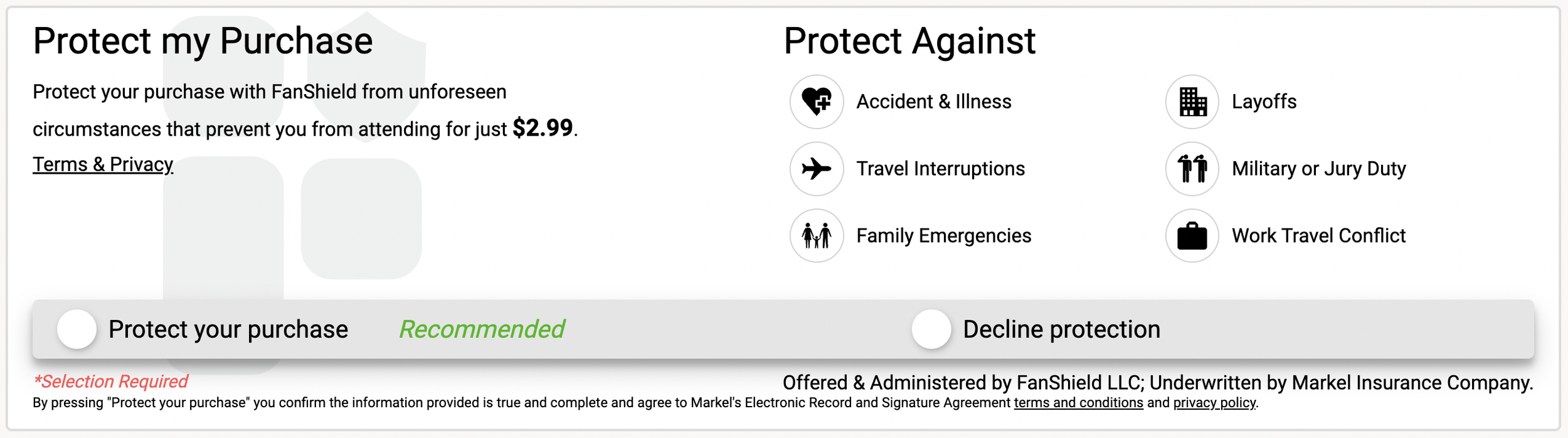 Original protection widget with offer, coverage details, legal information and a shared yes/no action strip