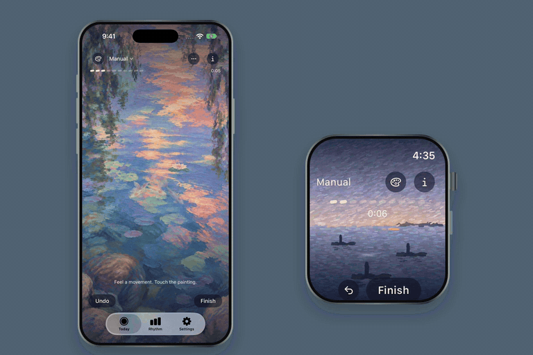 Quickening’s Rose scene on iPhone and Harbour on Apple Watch, shown in looping recordings of independent sessions