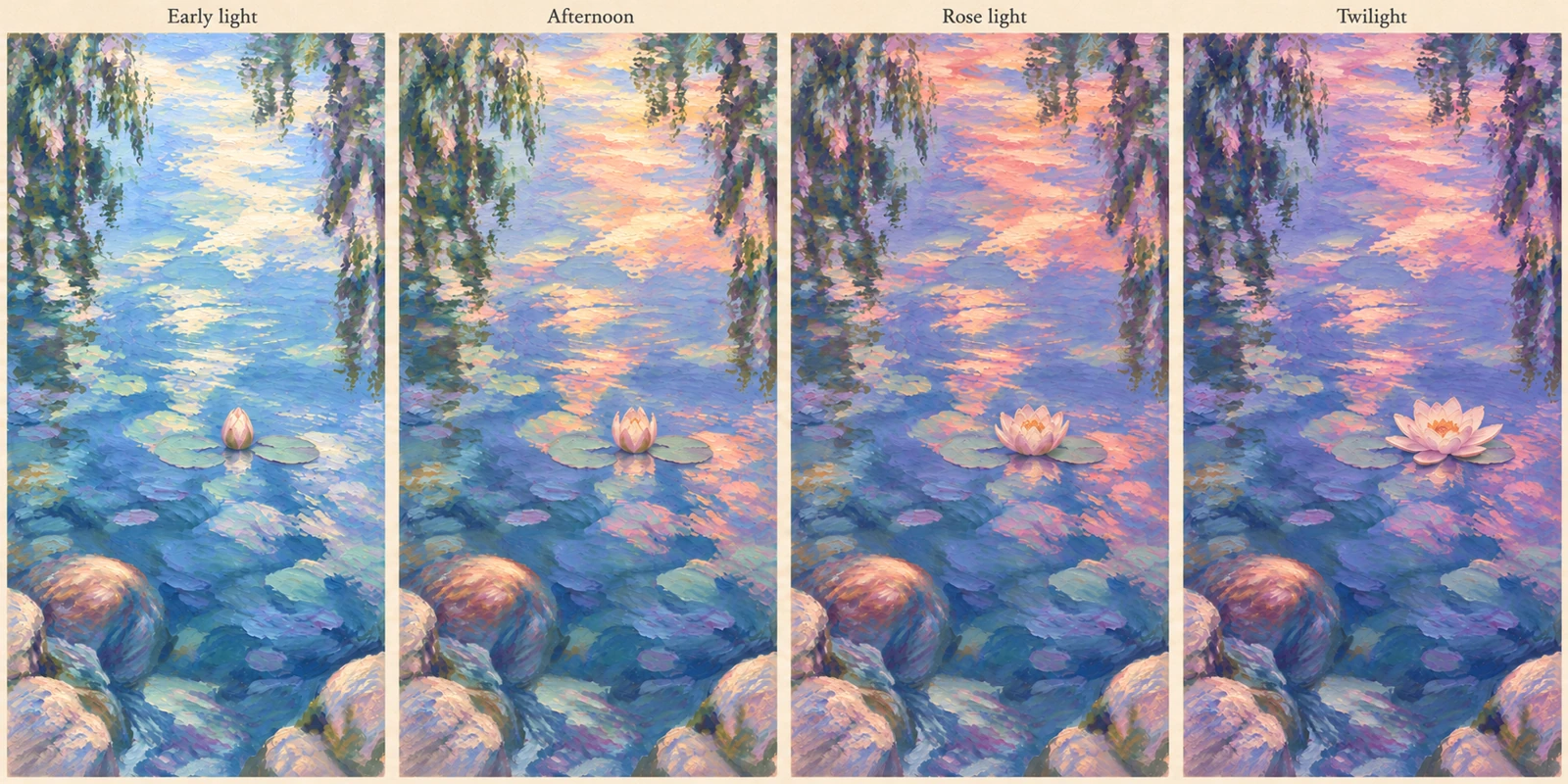 A four-stage Rose pond concept study exploring a progression from early light to dusk